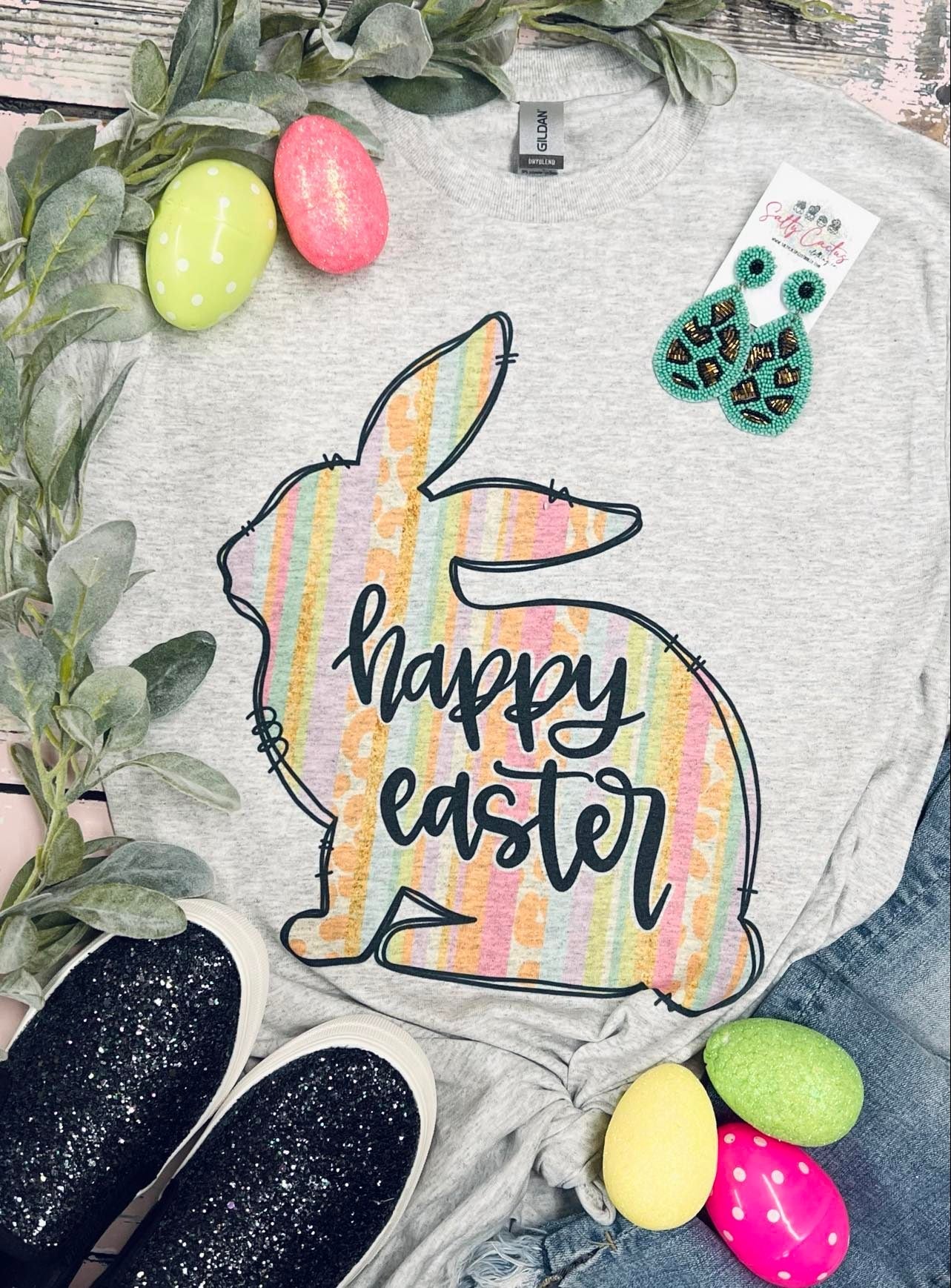 Happy Easter Colorful Bunny Grey Tee