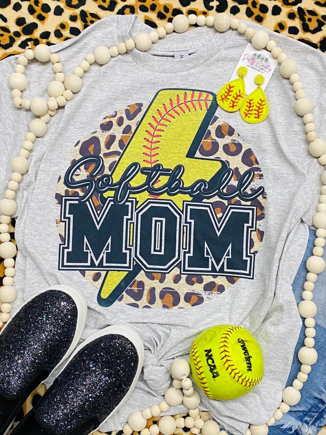 Softball Mom Leopard with Lightening Bolt Grey Tee