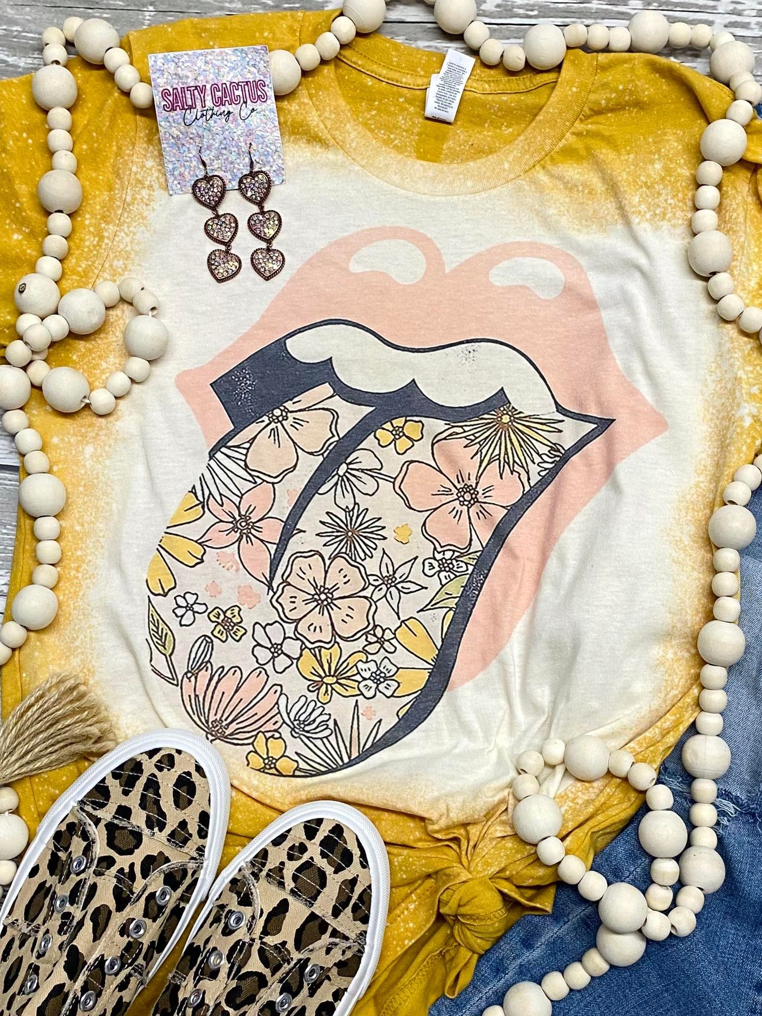 Retro Floral Tongue Mustard Bleached Tee
