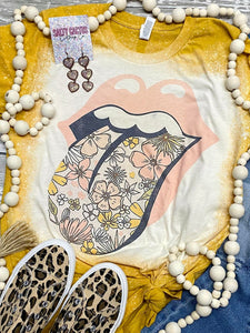 Retro Floral Tongue Mustard Bleached Tee