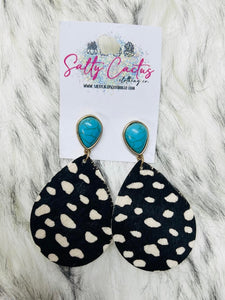 Black Leopard Teardrop with Turquoise Stone Earring