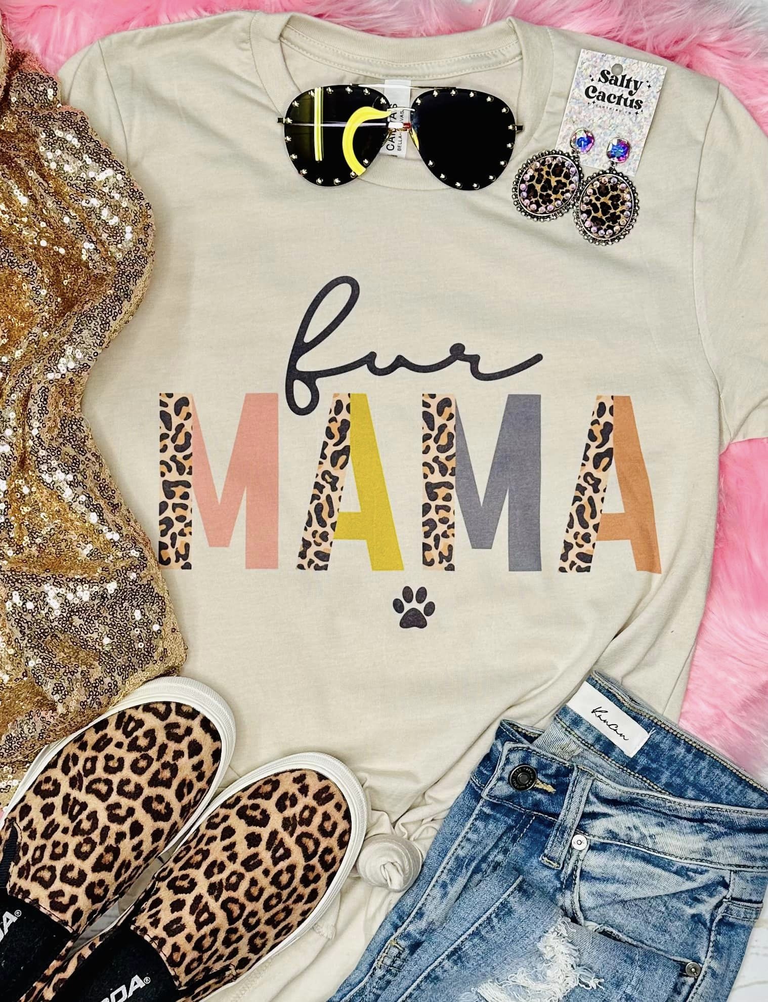 Fur Mama Leopard Colorblock Tan Tee