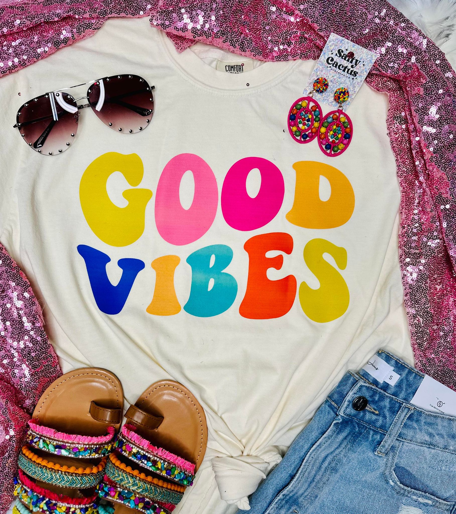 *DTG* Good Vibes Colorful Ivory Tee