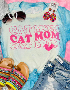 Cat Mom Retro Aqua Bleached Tee