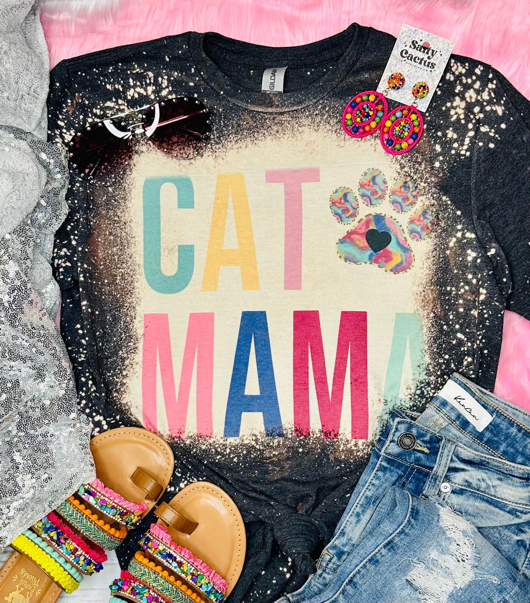 Cat Mama Colorblock Grey Bleached Tee
