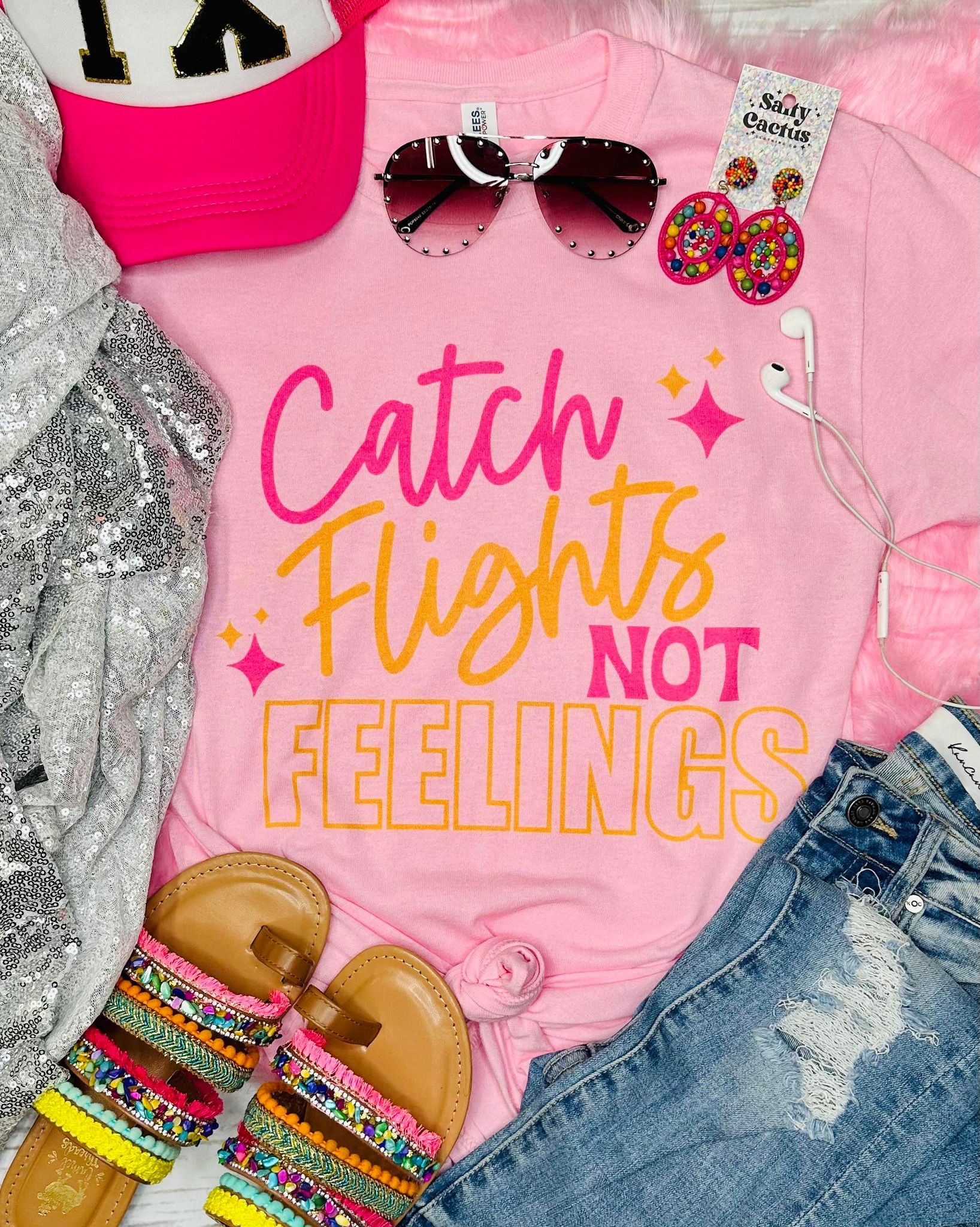 Catch Flights Not Feelings Retro Pink Tee