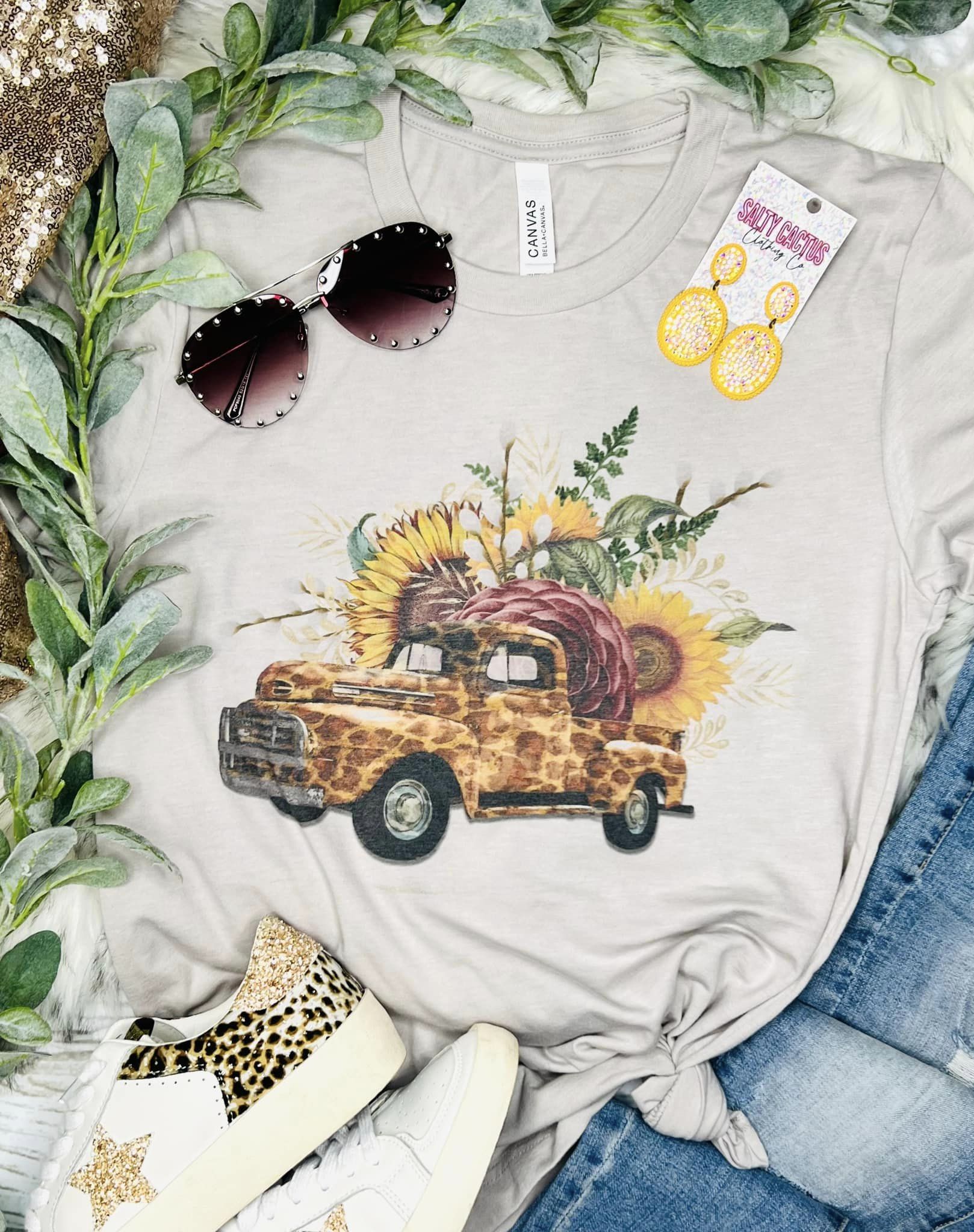 Leopard Truck With Sunflowers Stone Tee