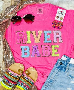 *DTG* River Babe Faux Chenille Letter Neon Pink Comfort Color Tee