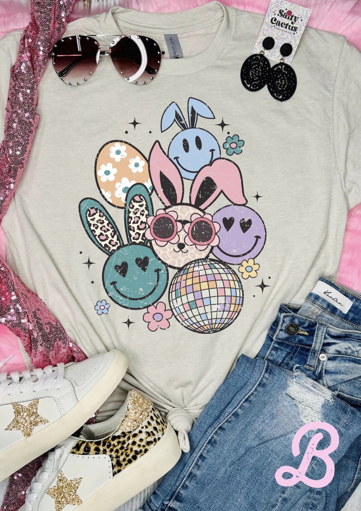 *RTS* Easter Smiley Faces Disco Ball Tan Tee    *Option B*