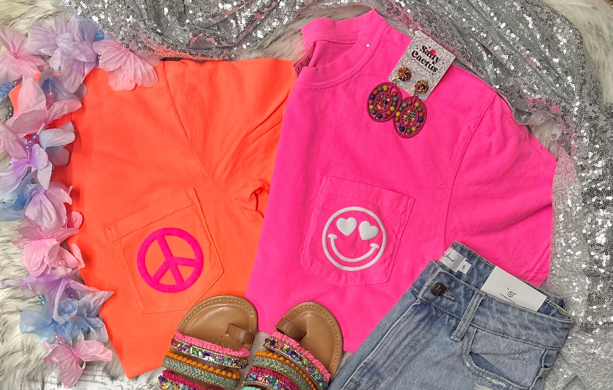 * PUFF* Neon Peace or Smiley Comfort Colors Pocket Tee