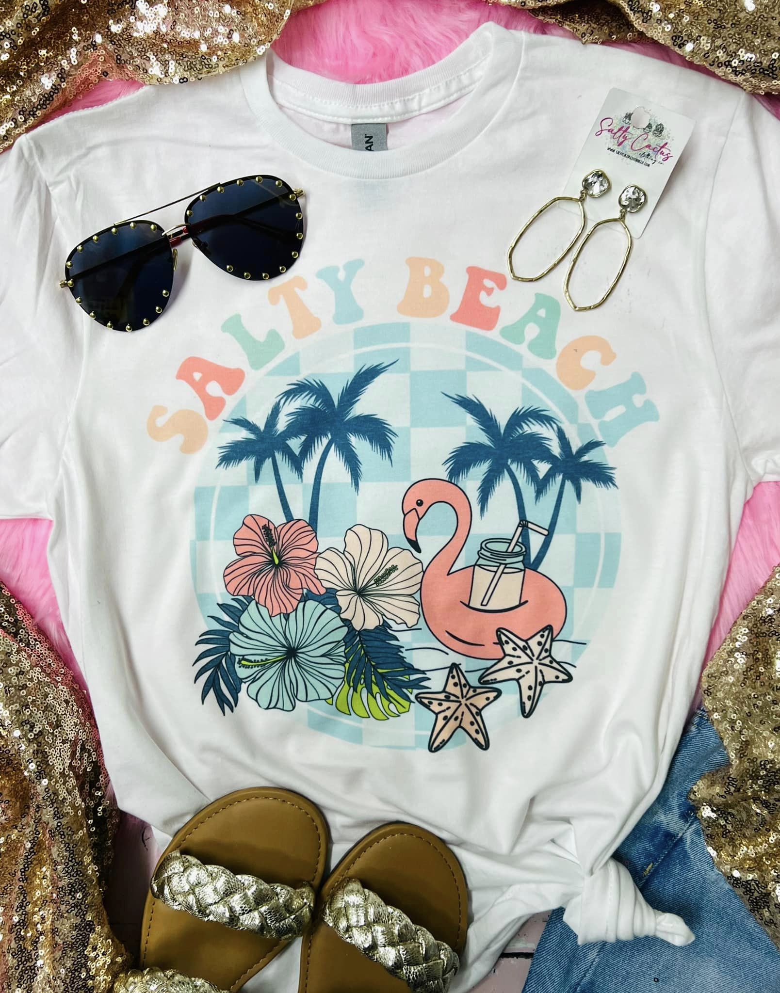 Salty Beach Flamingo White Tee