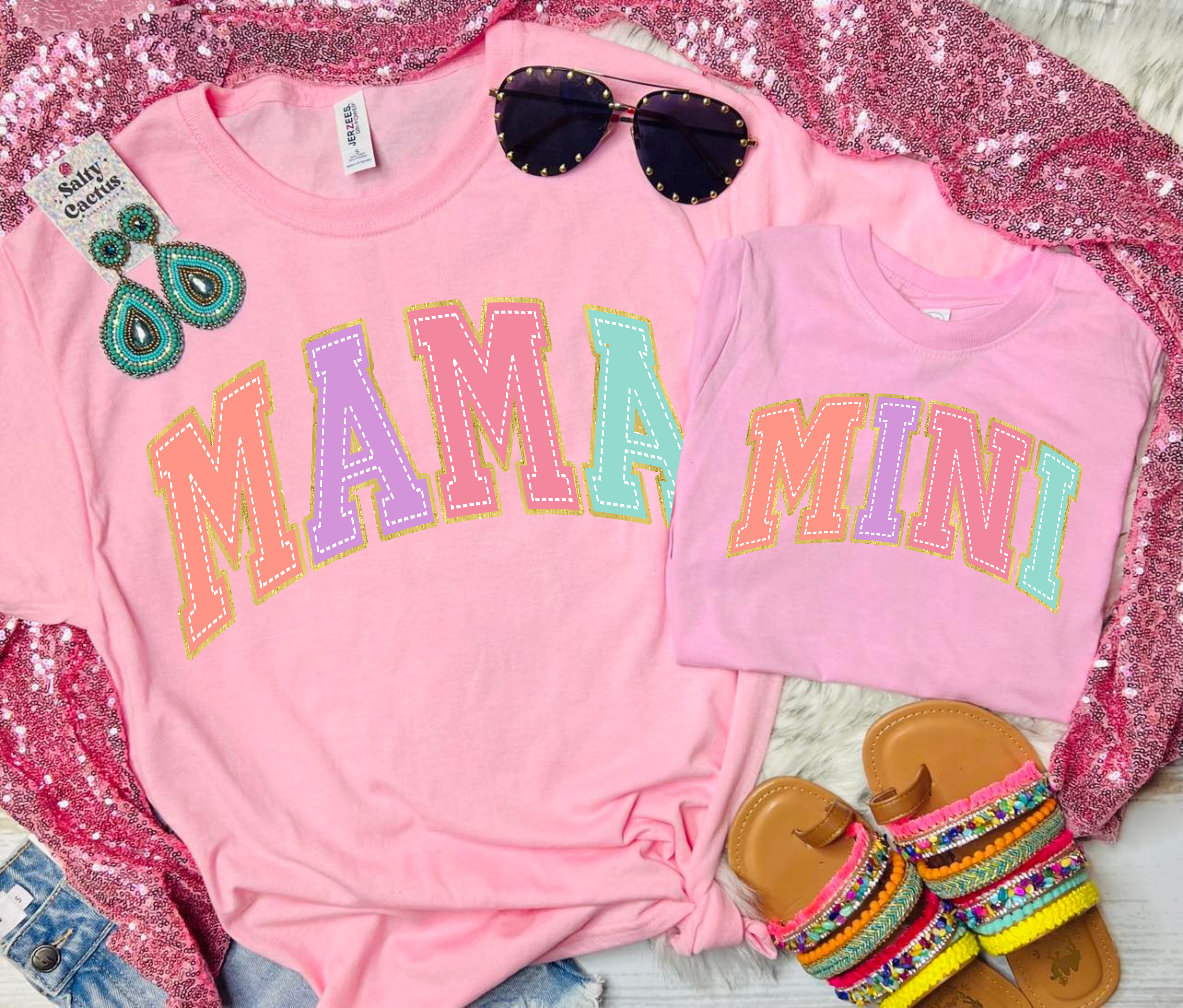 *DTG* Mama/ Mini Colorful Stitch Patch Pink Tee