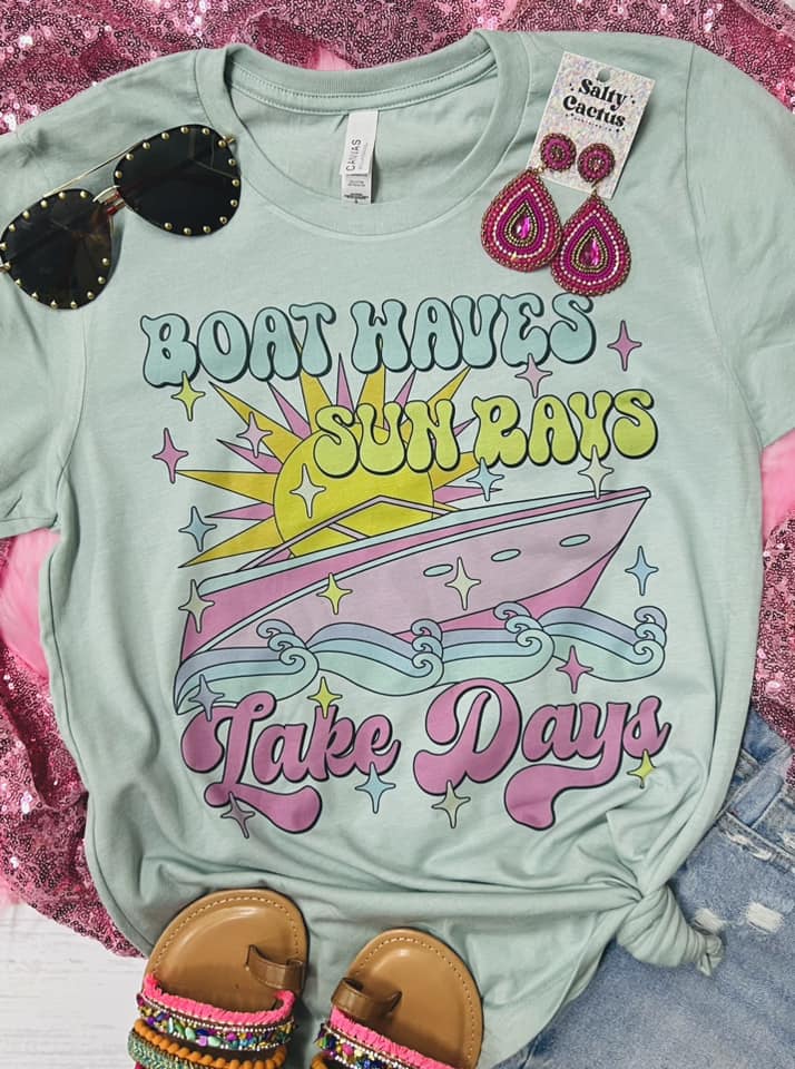 Boat Waves Sun Rays Lake Days Retro Dusty Blue Tee