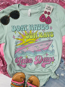 Boat Waves Sun Rays Lake Days Retro Dusty Blue Tee