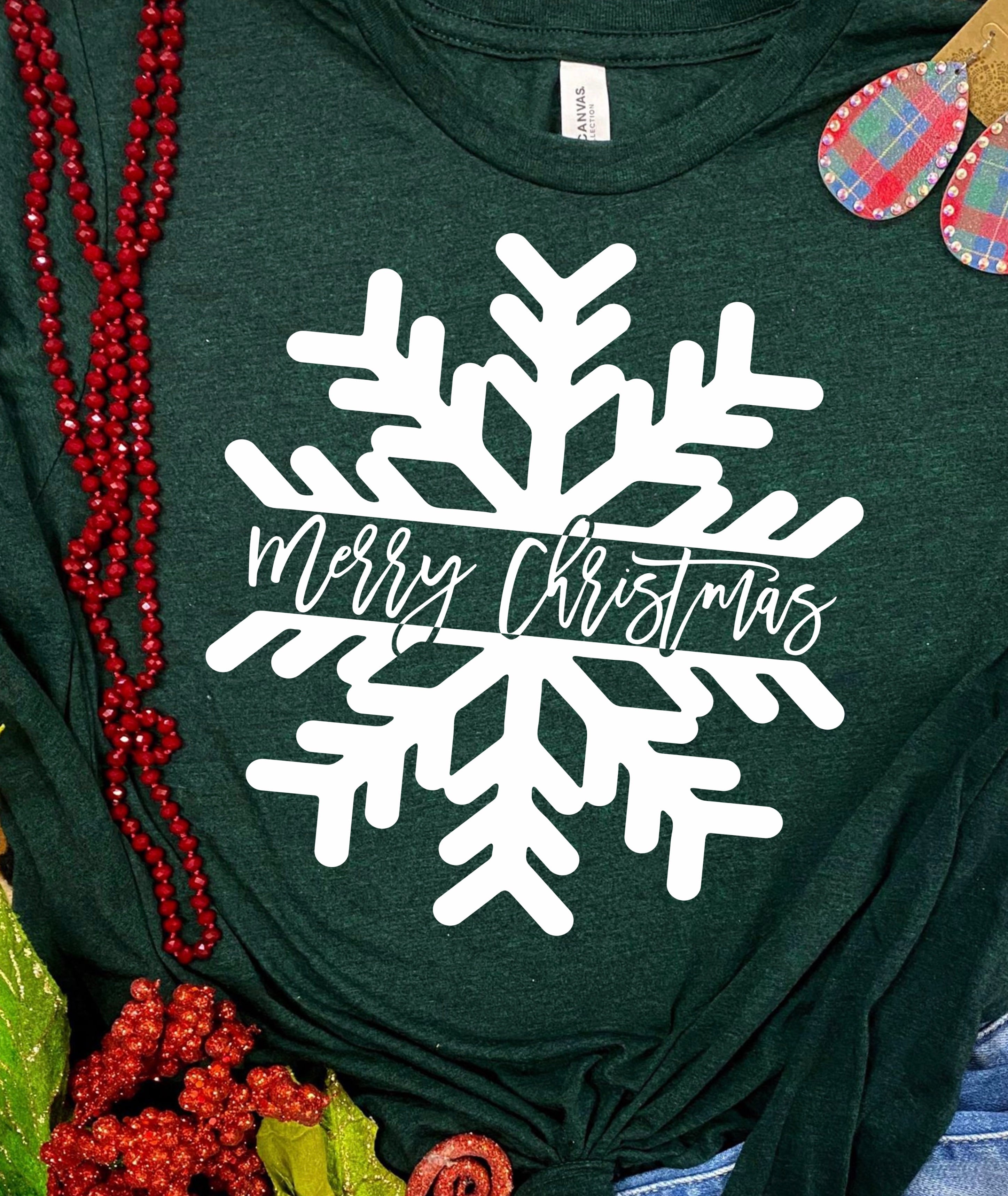 Merry Christmas Snowflake Screen Printed Long Sleeve Bella