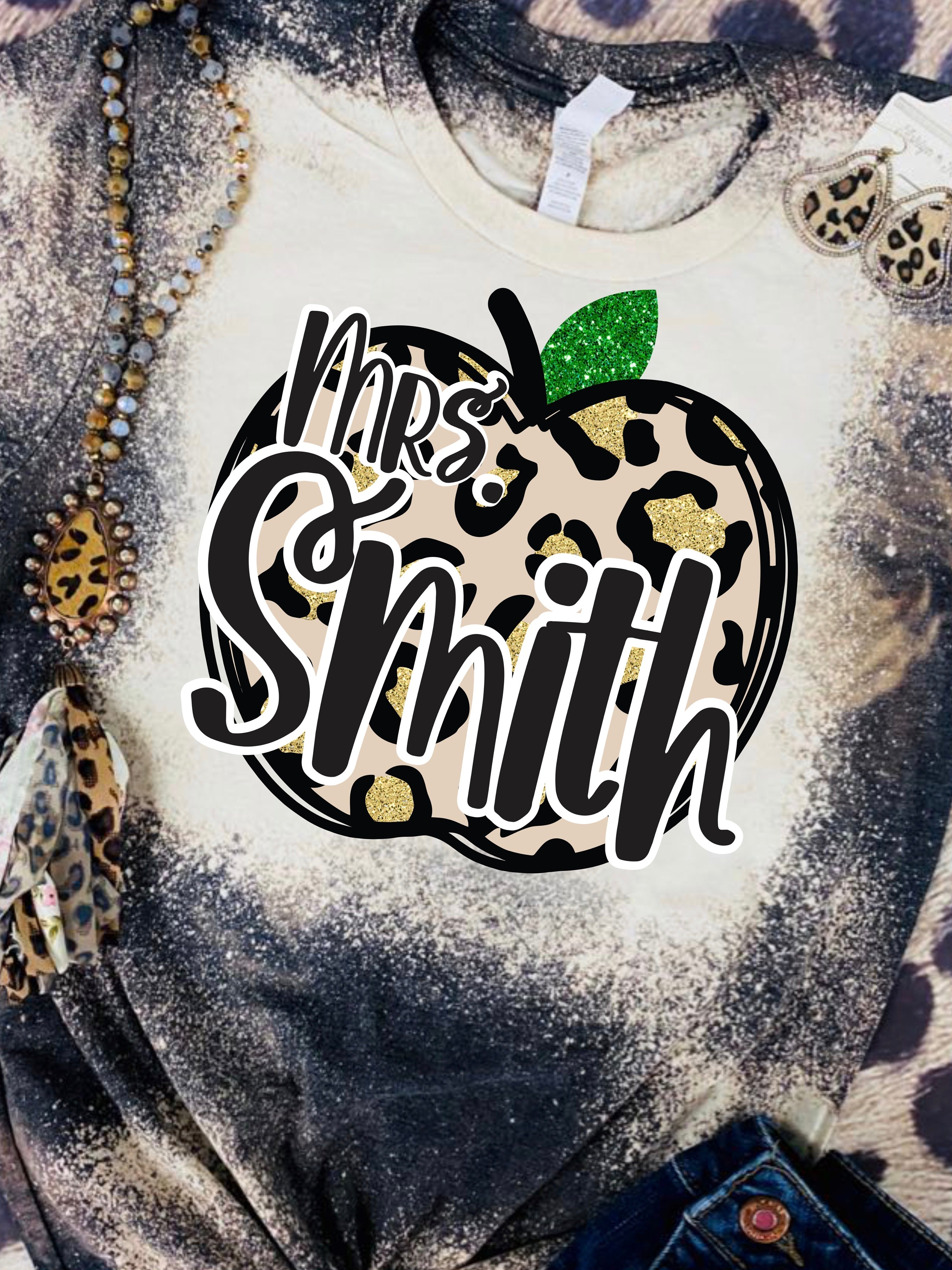 Leopard Apple Customized Teacher Bleached Tee