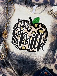 Leopard Apple Customized Teacher Bleached Tee