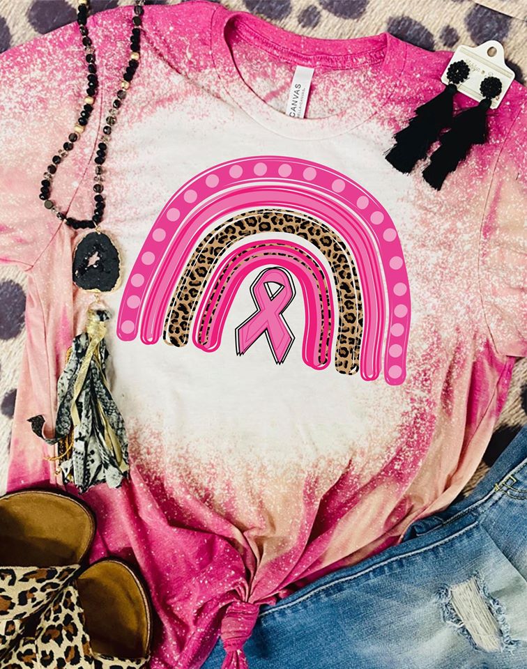 Breast Cancer Ribbon Rainbow Bleached Tee