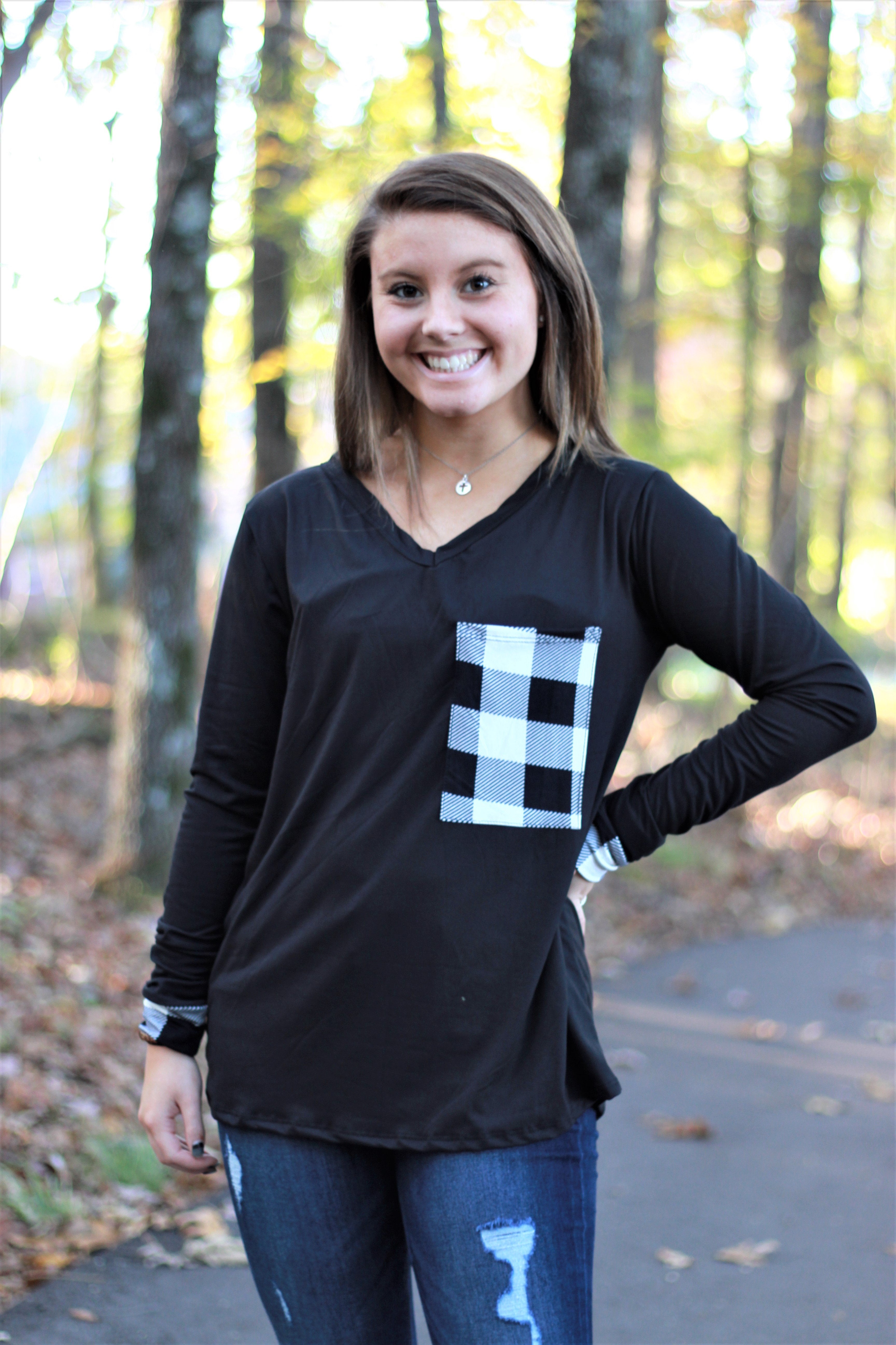 Buffalo Plaid Pocket Top | Black and White Buffalo