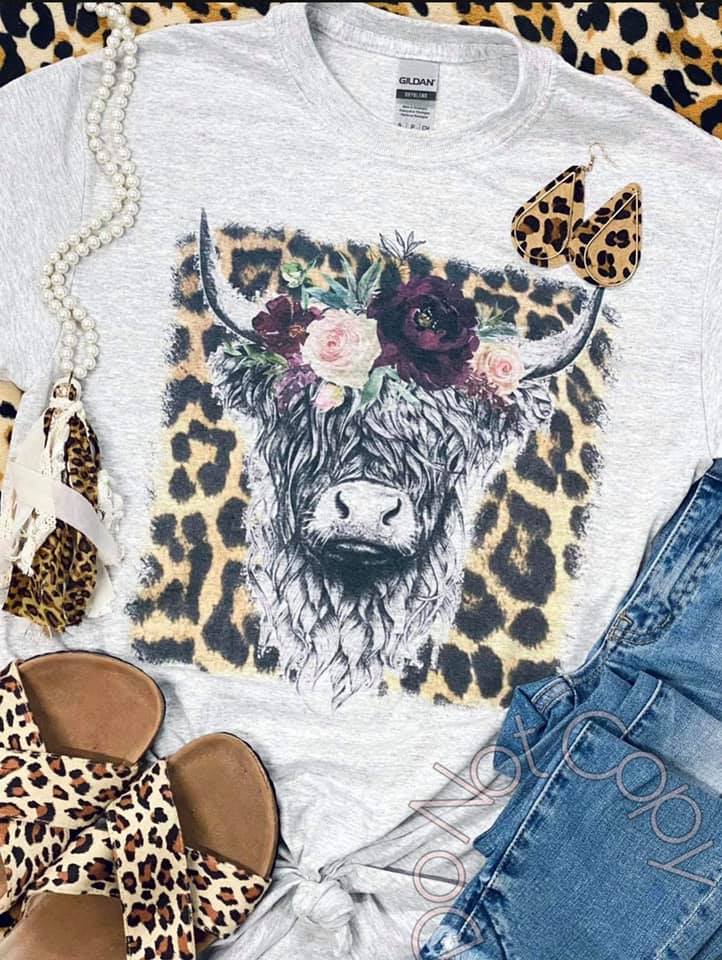 Leopard Floral Cow Grey Tee