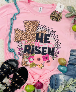 He Is Risen Leopard Cross Floral Light Pink Tee