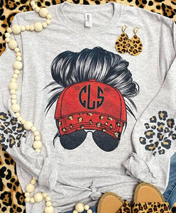 Monogrammed Red & Leopard Messy Bun Ball Cap Long Sleeve with Leopard Patches