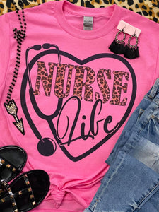 Nurse Life Leopard Black Heart Pink Tee
