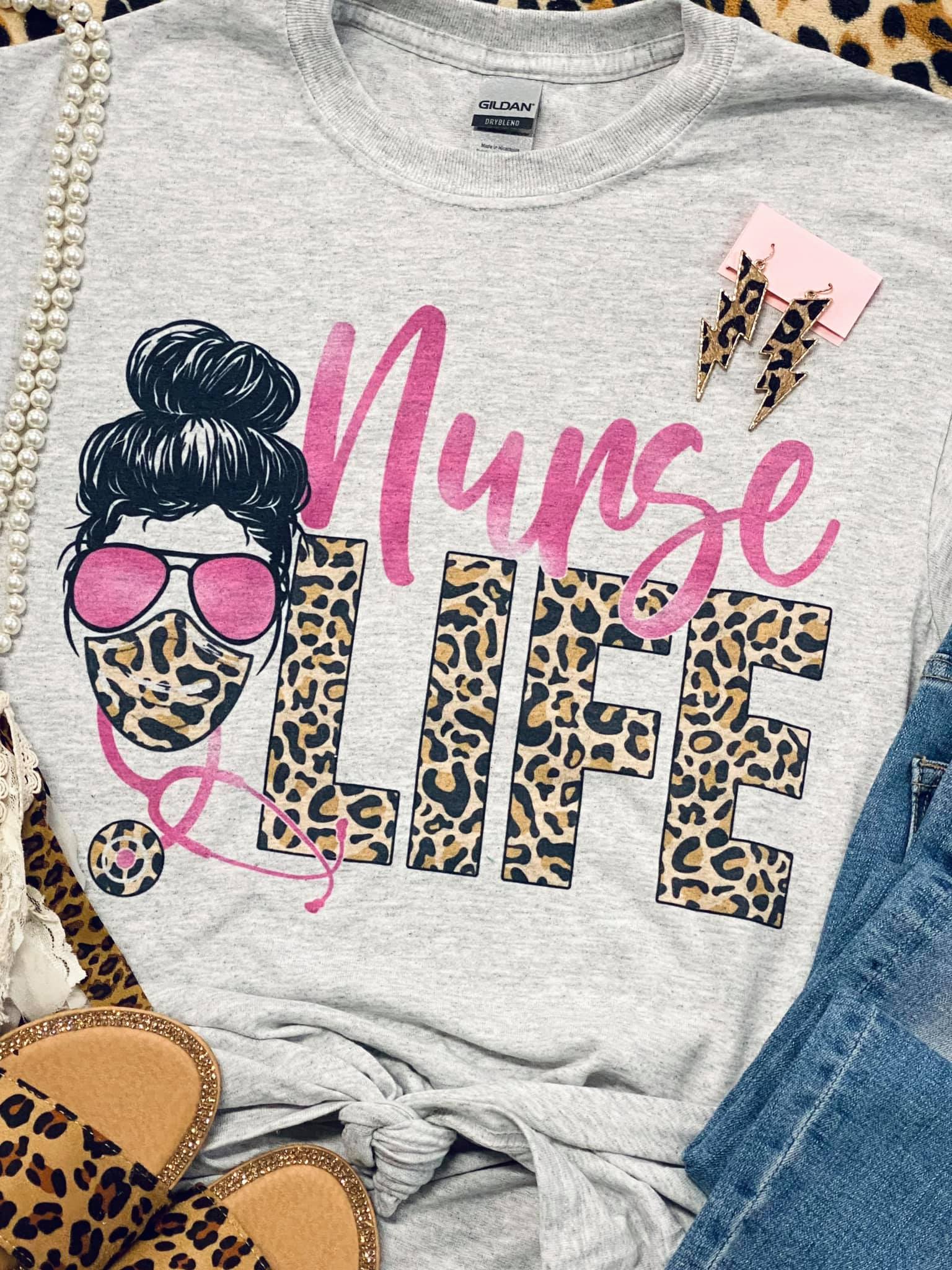 Nurse Life Pink Leopard Messy Bun Grey Tee