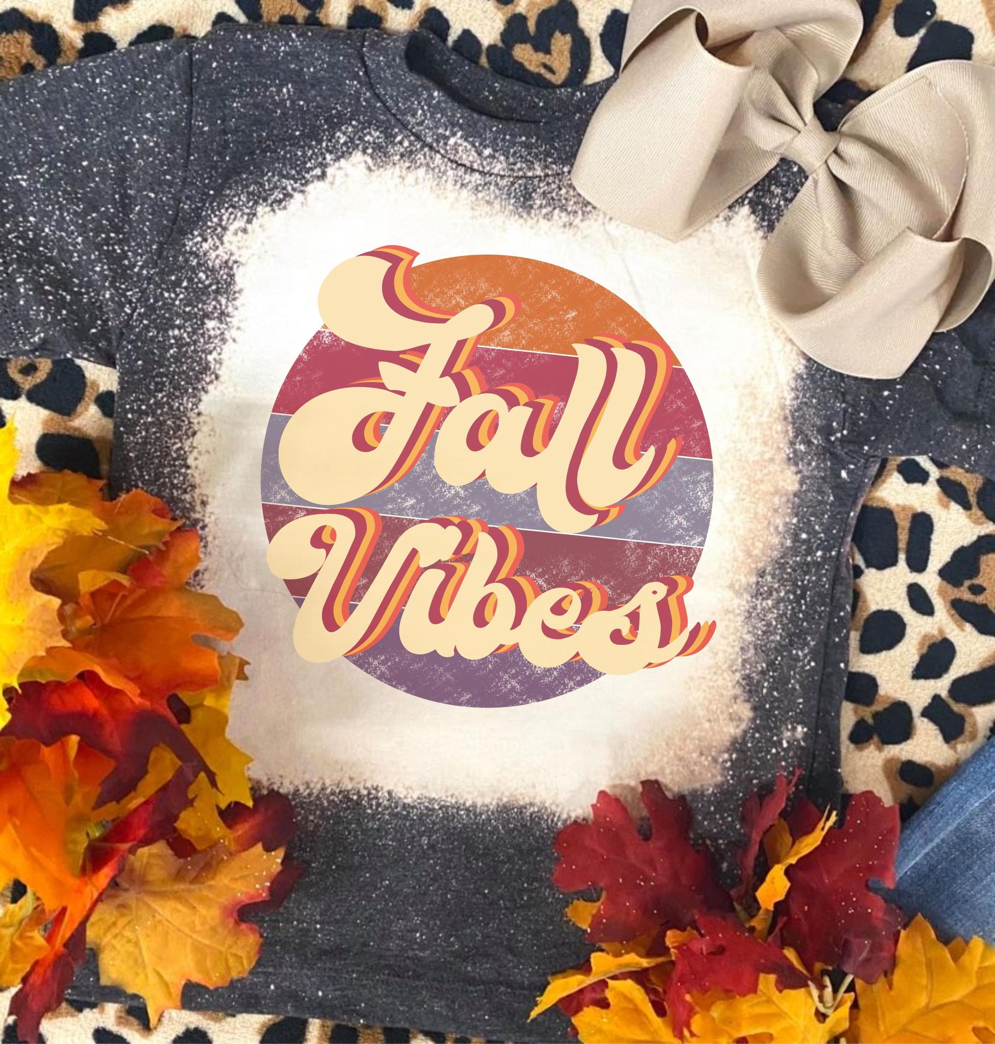 Kids Fall Vibes Retro Circle Bleached Tee