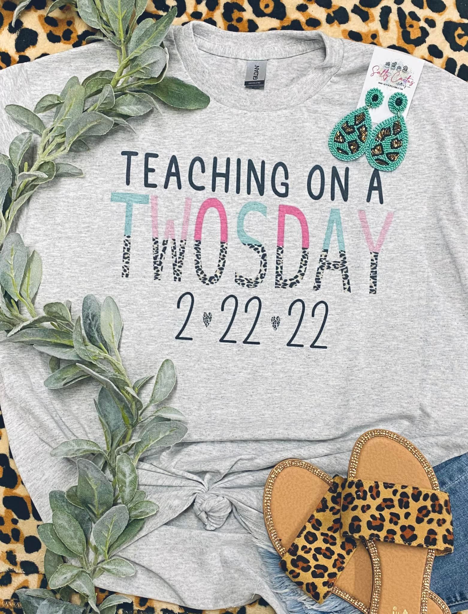 Teaching on a Twosday Leopard Colorblock Grey Tee