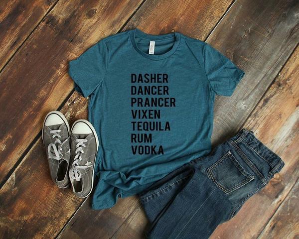 dasher dancer prancer vixen tequila rum vodka funny reindeer tshirt