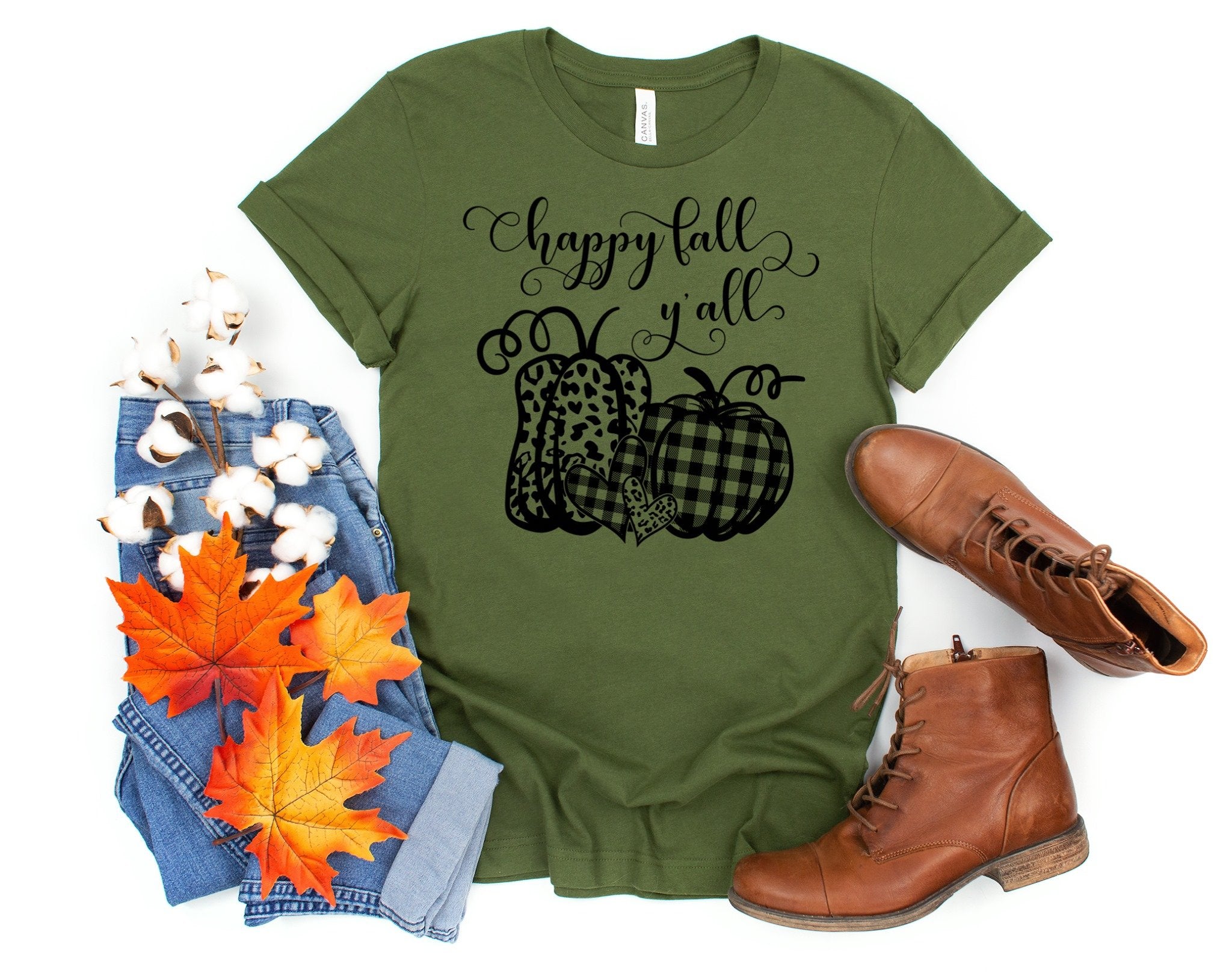 Happy Fall Y'all Pumpkin Leopard Plaid Tee