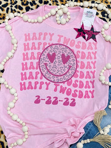 Happy Twosday Smiley Face Pink Tee