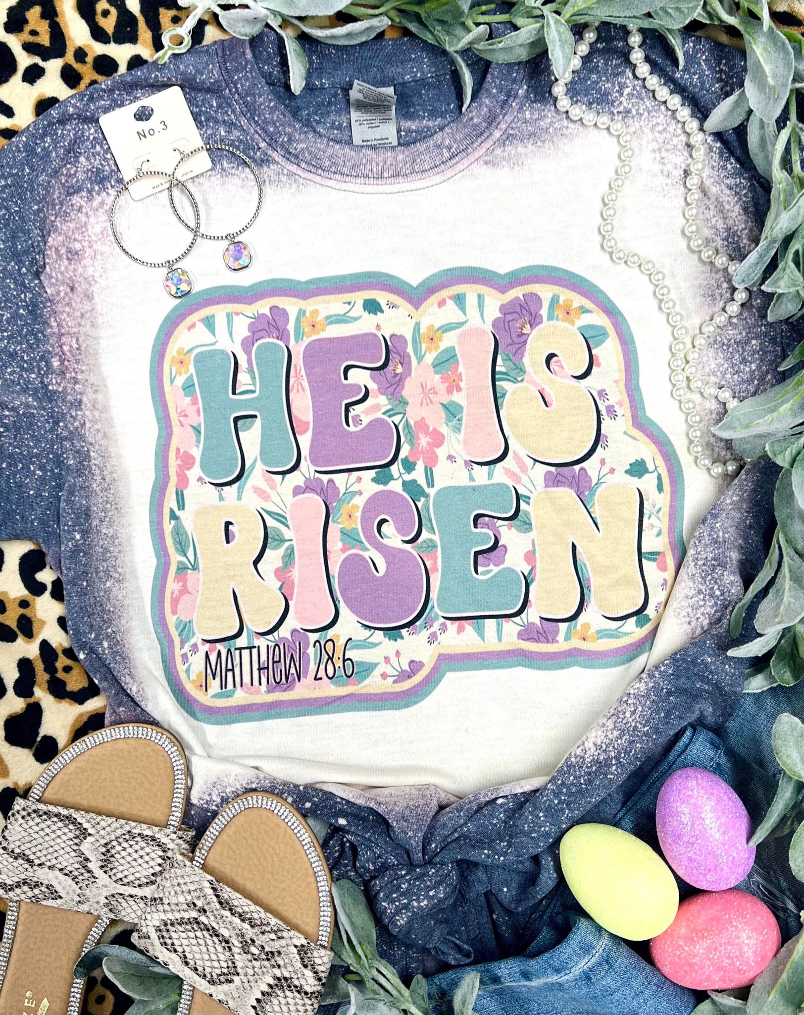 He Is Risen Floral Navy Bleached Tee