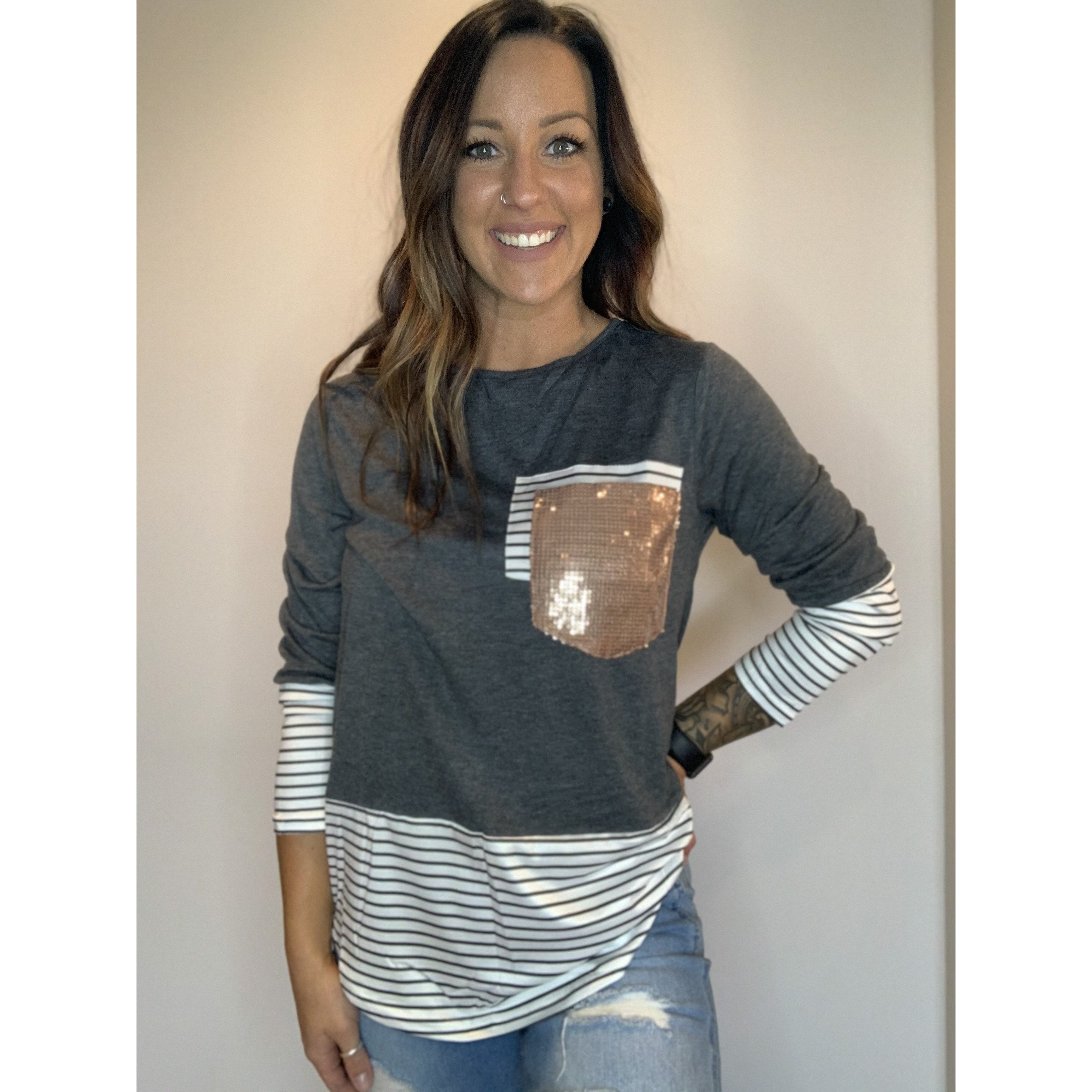 Gray Long Sleeve With Sequins Pocket