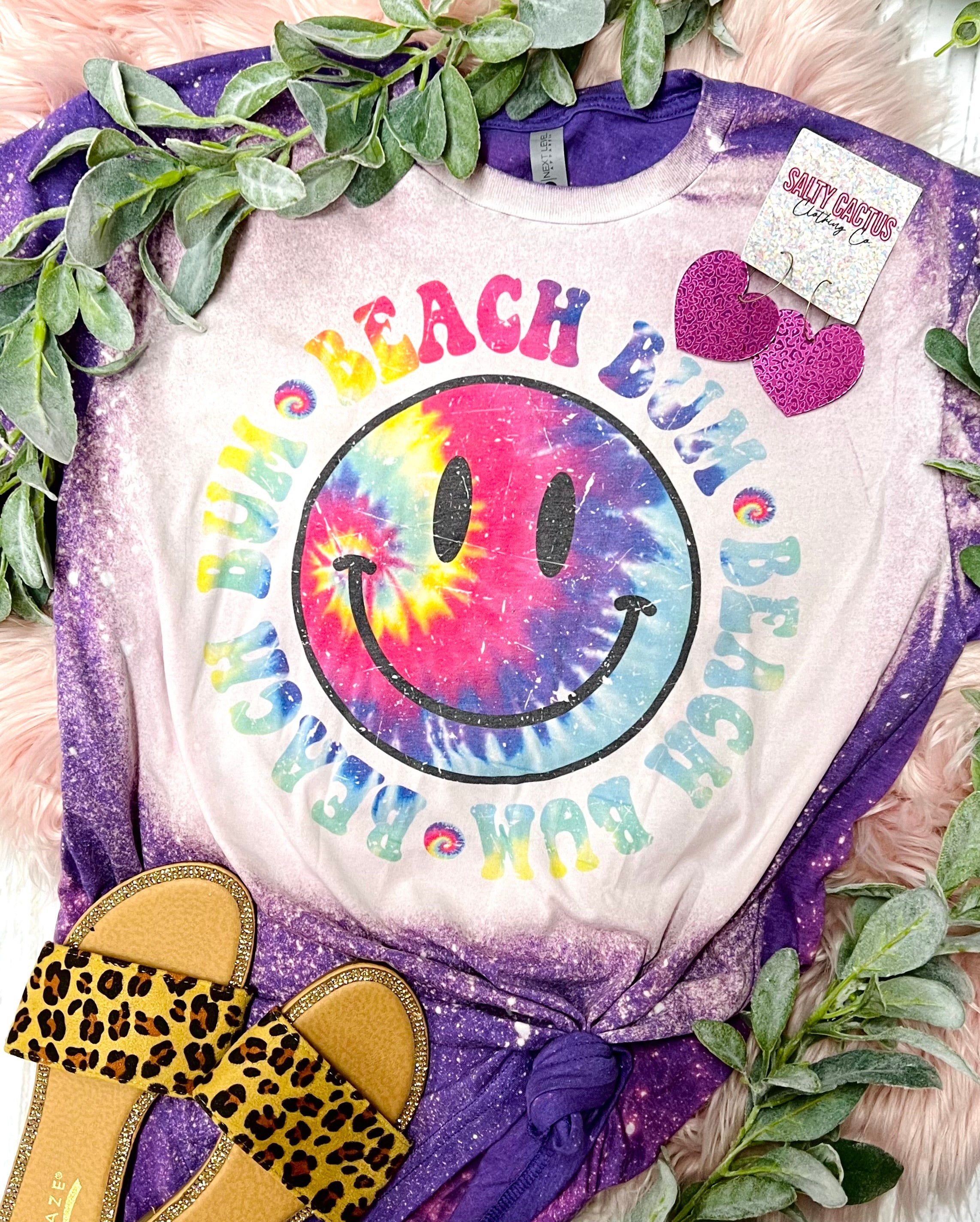 Beach Bum Smiley Neon Tie Dye Purple Bleached Tee