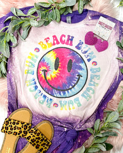 Beach Bum Smiley Neon Tie Dye Purple Bleached Tee
