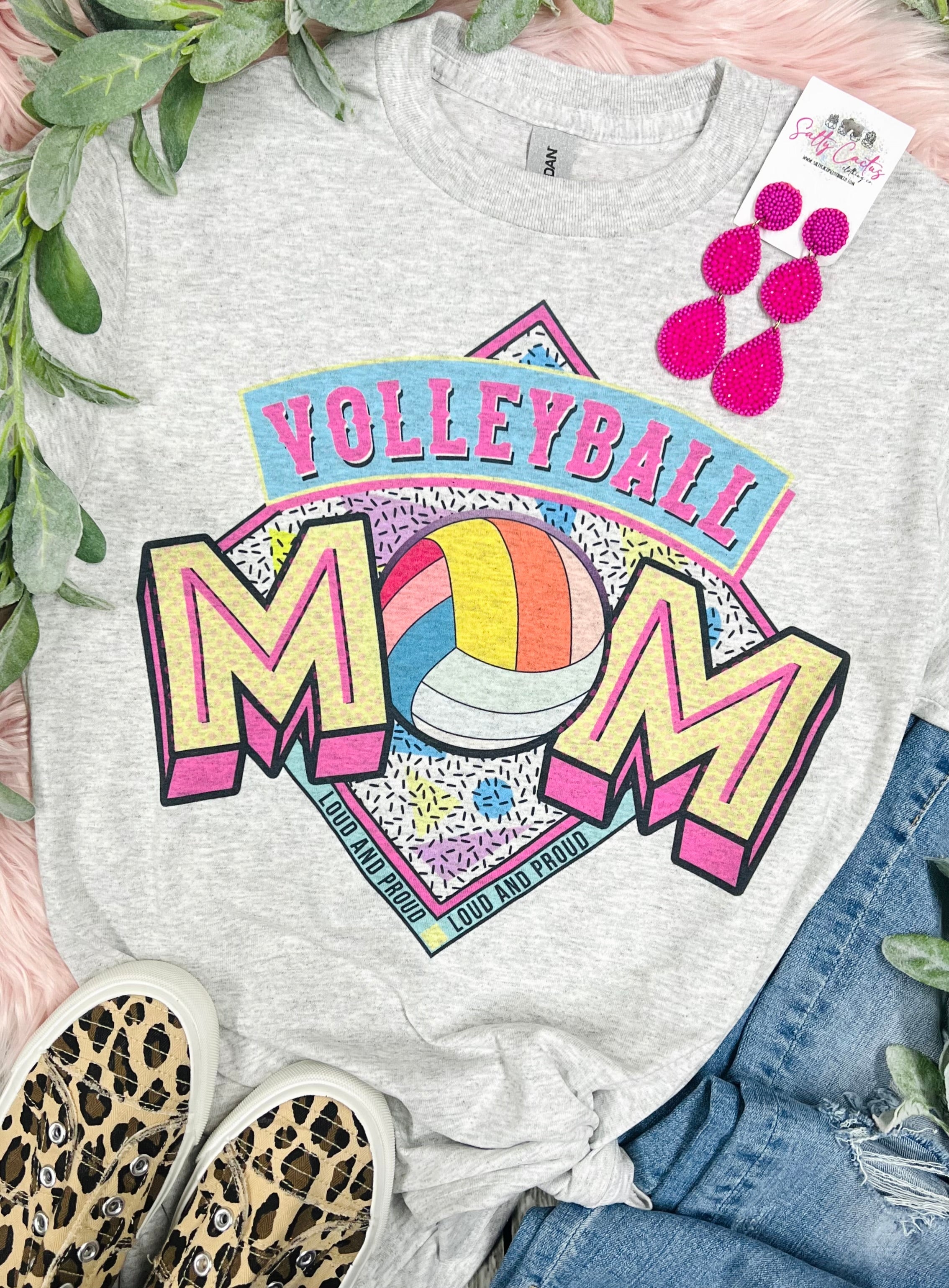 Volleyball Mom Neon Colors Grey Tee