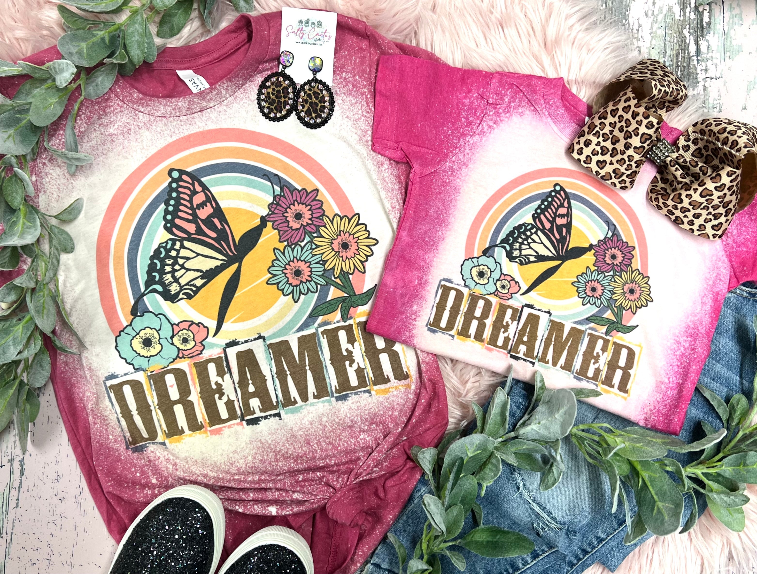 Dreamer Butterfly Rainbow Pink Bleached Tee