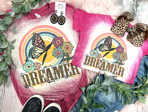 Dreamer Butterfly Rainbow Pink Bleached Tee