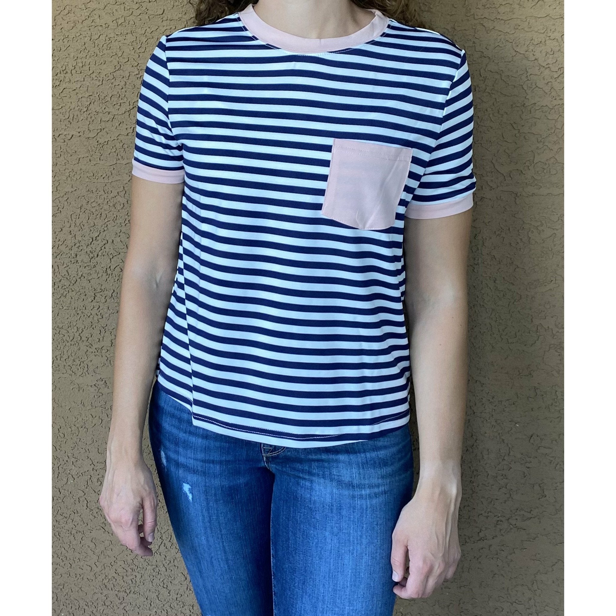 Stripes With Pink Pocket Short Sleeve