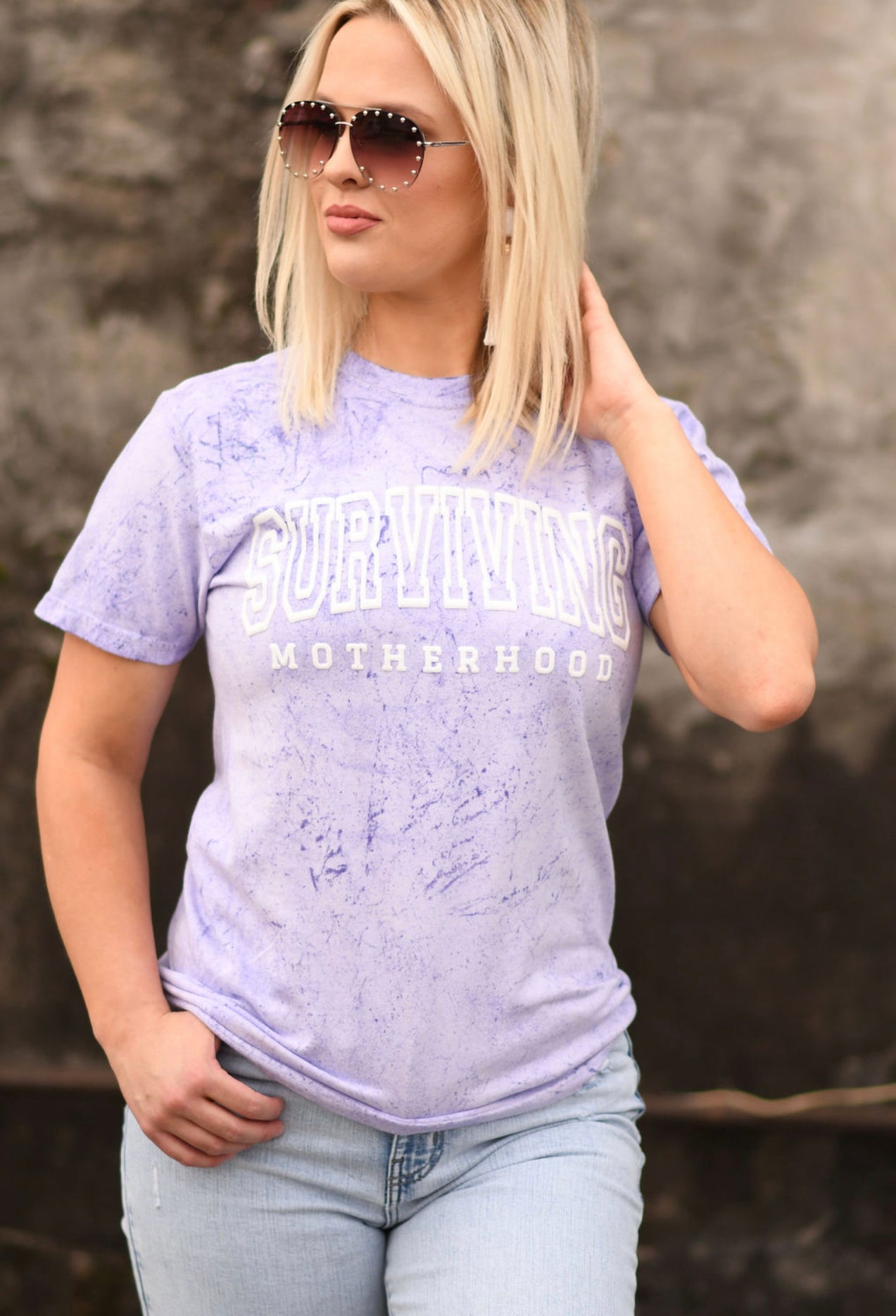 *PUFF* Surviving Motherhood White Puff Outline on Amethyst Comfort Colors Tee