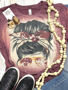 Cowhide Mom Messy Bun Maroon Bleached Tee