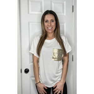 White T-Shirt With Gold Sequin Pocket