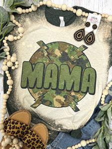 Mama Camo Lightning Bolt Circle Forest Green Bleached Tee