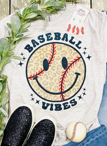 Baseball Vibes Leopard Smiley Grey Tee