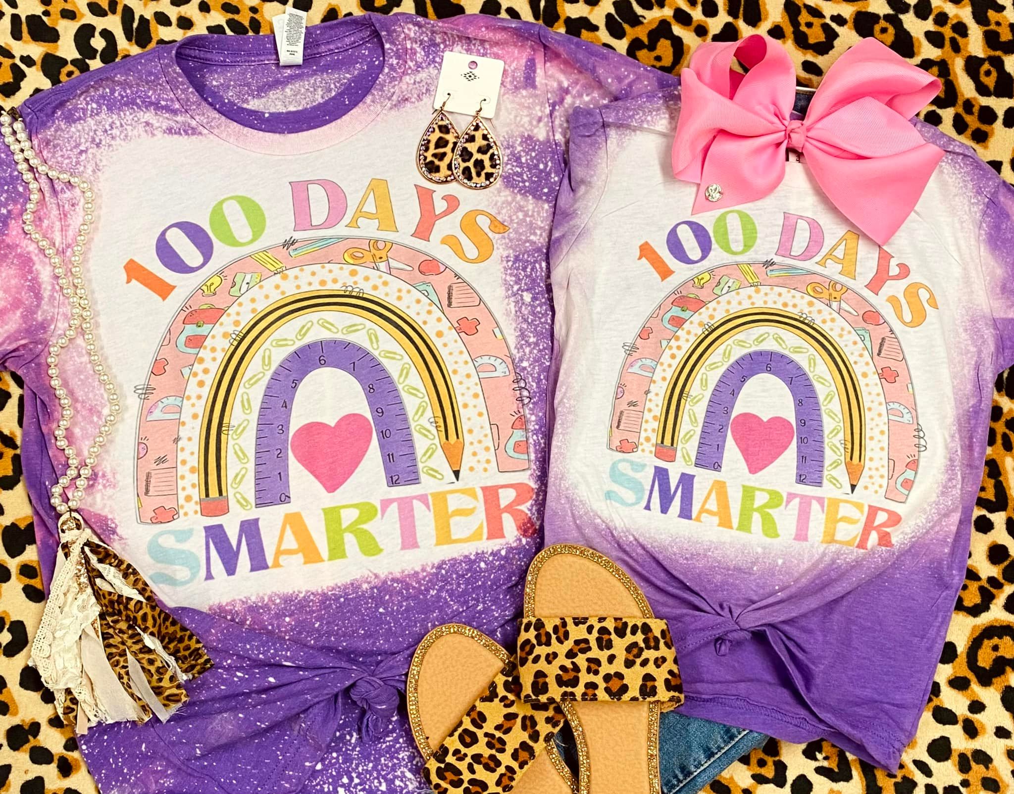 RTS 100 Days Smarter Rainbow With School Supplies Purple Bleached Tee
