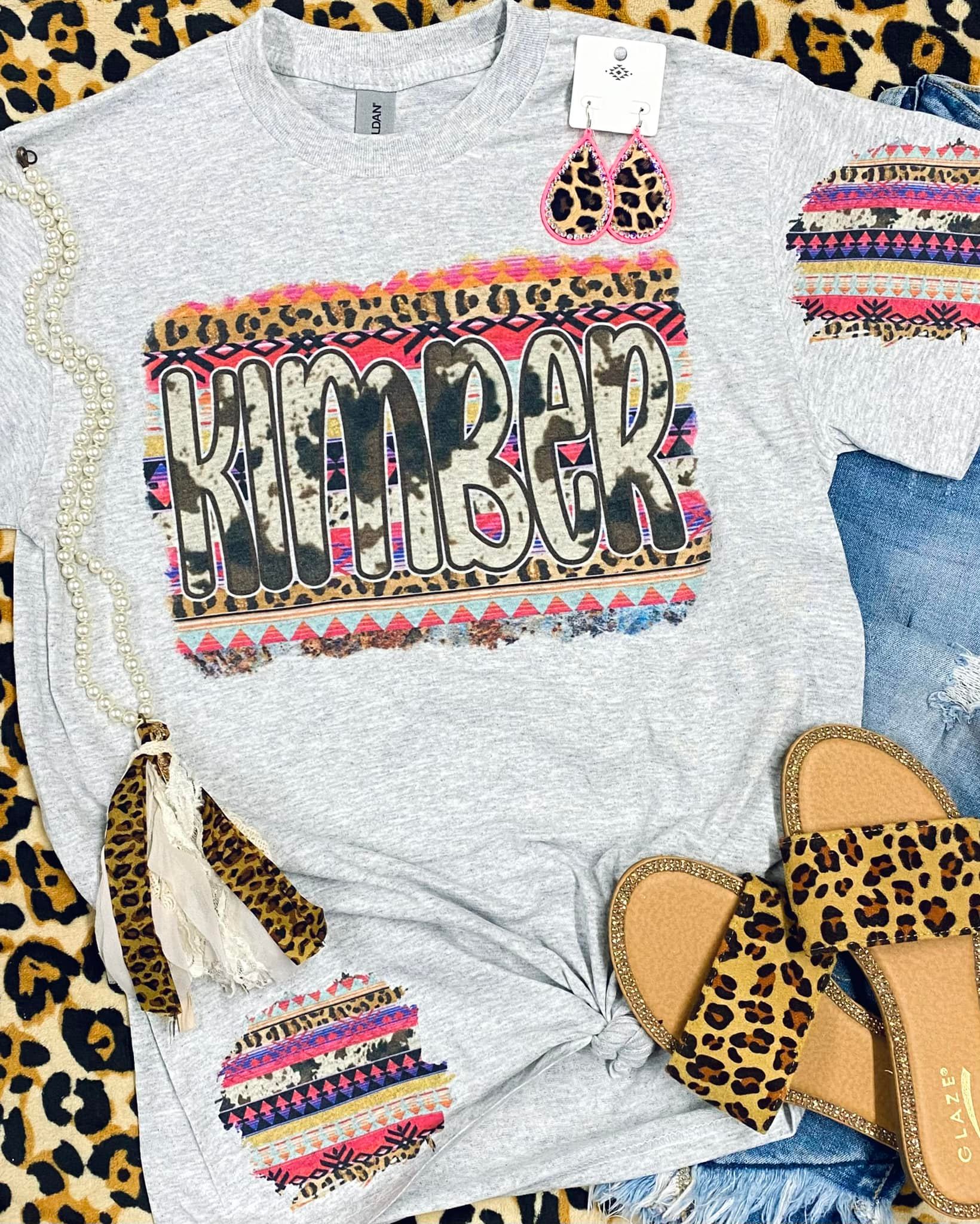 Aztec Western Leopard Cowhide Background Name Grey Tee With Patches