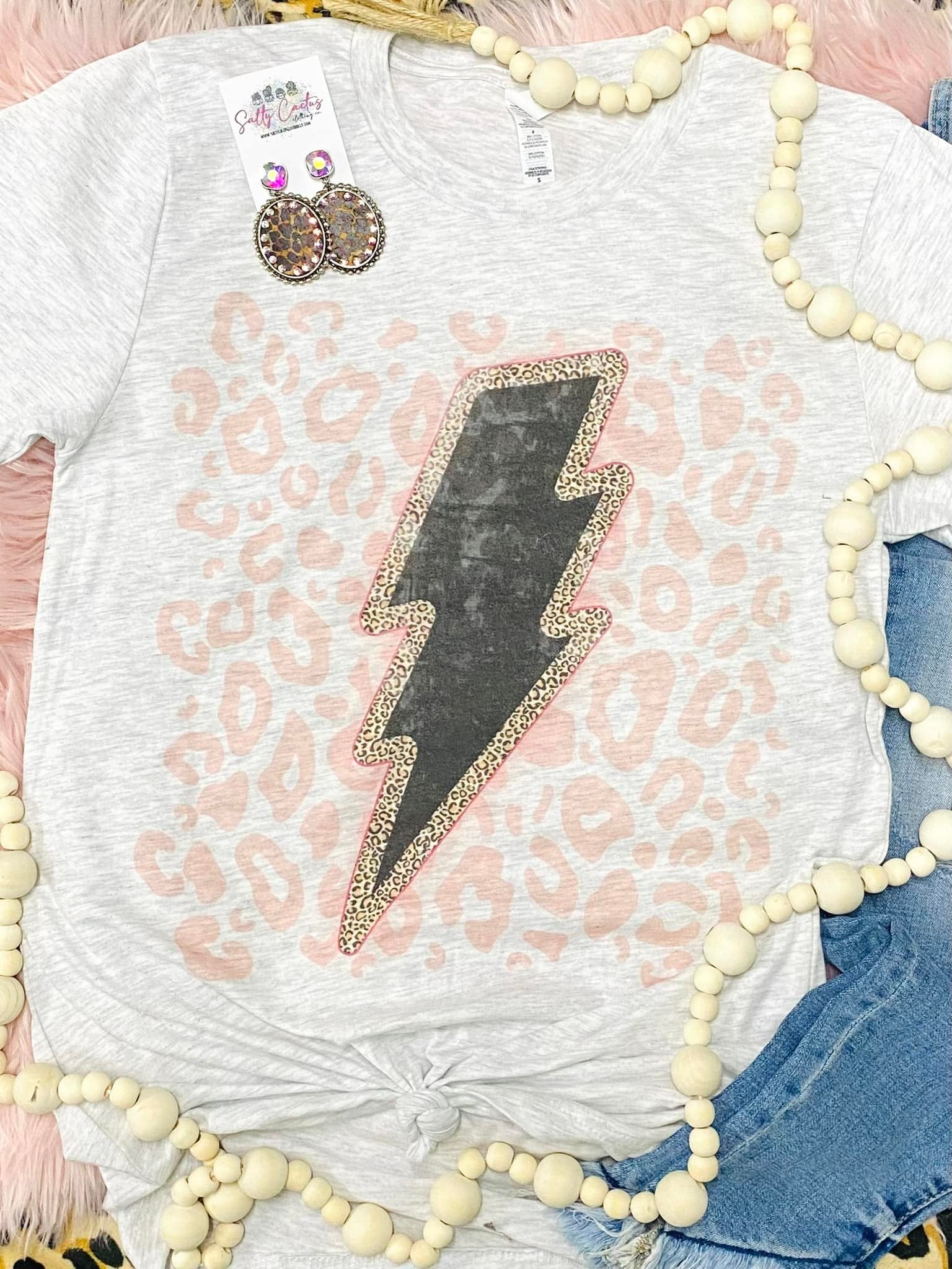 Lightening Bolt Pink Leopard Grey Tee