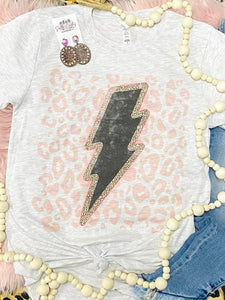 Lightening Bolt Pink Leopard Grey Tee
